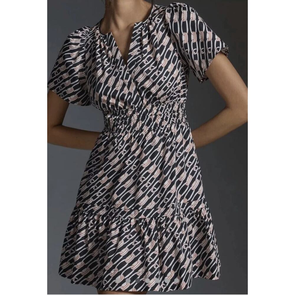 Anthropologie Somerset Tiered Mini Dress Size Small Navy Link Print Cotton‎